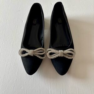 Jones New York Black Flats with Silver Bow Accent